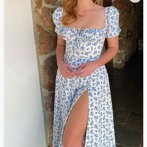 Blue floral full length puff sleeve dress